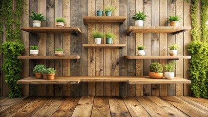 A set of empty wooden shelves with a rustic and natural background, ideal for displaying products in a minimalist and cozy atmosphere , decoration, shelves