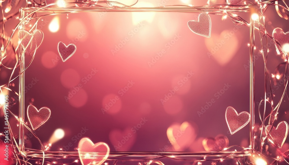 Poster pink heart valentines background with string lights and a rectangular frame for festive romantic hol