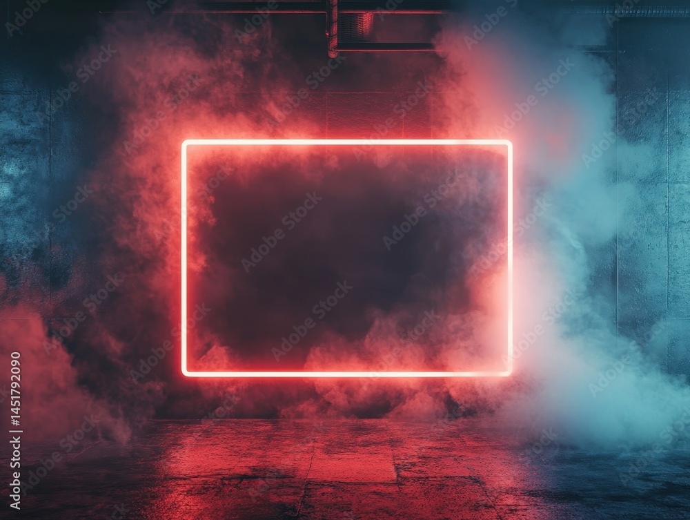 Aufkleber rectangular red neon light frame surrounded by smoke against a dark wet concrete wall and floor crea