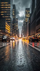 Rain-slicked cityscape reflecting luminous lights under a cloudy sky