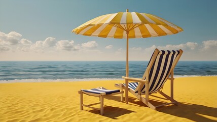 3D rendering of two beach chairs and a striped umbrella on a smooth yellow background, minimalist summer vacation concept, bright lighting, shadows soft, modern design,Generative Ai
