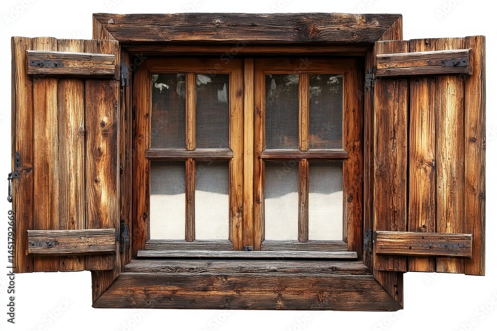 Poster rustic wooden window with open shutters featuring weathered brown wood texture and aged details in c