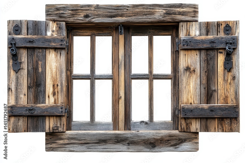 Poster rustic wooden window with open shutters showing detailed texture aged wood and weathered finish in a