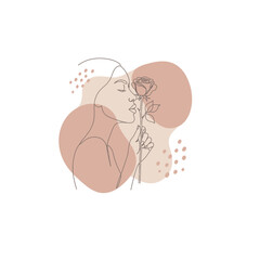 Minimal One Line Valentine Illustration of couple with Rose and Pastel Abstract Background