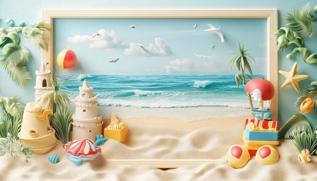 Sandy Beach Scene in a Wooden Frame Featuring Turquoise Sea and Sky with Sandcastles and Summer Toys Enhanced by Bright Natural Light - Powered by Adobe