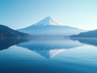 Serene Reflection, Majestic Mount Fuji Mirrored on a Tranquil Lake Under a Clear Blue Sky