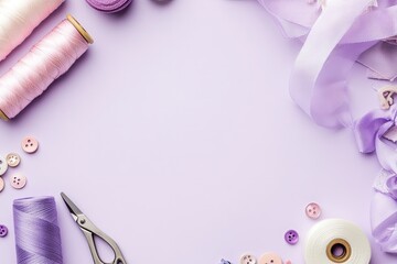 Pastel-toned crafting supplies arranged in a frame on a purple background. Assorted threads, ribbons, buttons, scissors, and spools fill the perimeter, leaving a central open space