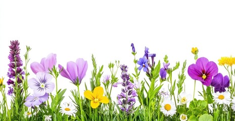Vibrant wildflowers in various colors, including purple, pink, yellow, and white, arranged in a horizontal row against a plain white background.  Green grass and foliage surround the flowers