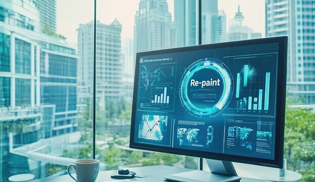 Modern computer screen displaying a data visualization interface with the word Re-paint highlighted.  Cityscape view through window
