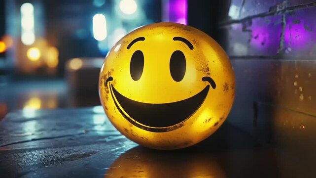 A glowing smiley face on a table in a vibrant, illuminated urban setting at night