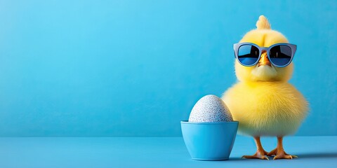 Cute chick in sunglasses with a blue egg