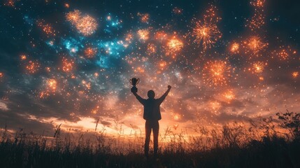 Silhouette of victorious person celebrating with trophy under fireworks at sunset