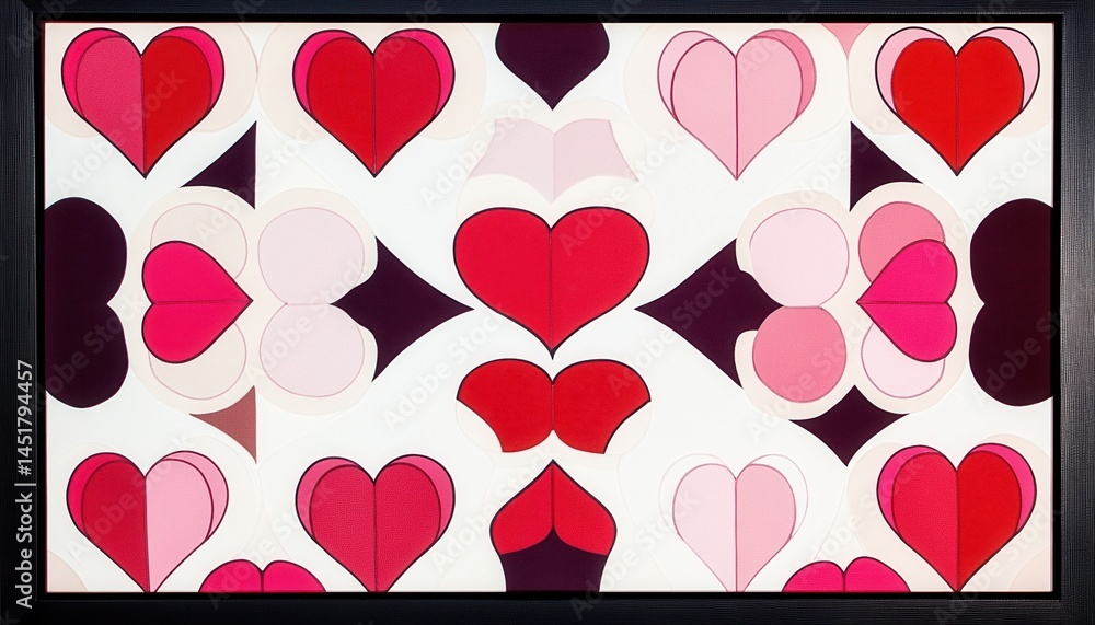 Poster symmetrical heart pattern art print with red pink and white colors in black frame and repetitive orn
