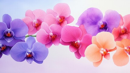 Obraz premium Watercolor bouquet of purple and pink orchid flowers in bloom, detailed petals and soft brushstrokes, artistic composition