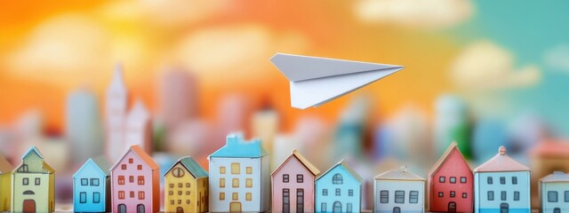 Toy Paper Airplane Flying Over Colorful Miniature Houses with Blurry Cityscape Silhouette on Orange and Blue Cloudy Sky for a Travel Theme