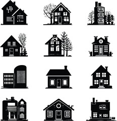 Fototapeta premium Diverse Vector House Silhouette Collection Showcasing Twelve Unique Architectural Designs in a Minimalist Black and White Style