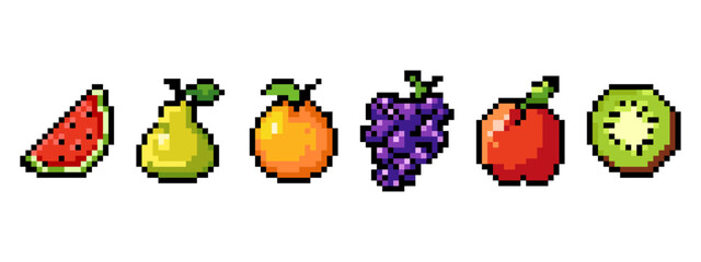 Fruit Icons Set Colorful Pixel Art style.Retro Pixel fruits including watermelon, pear, orange, grapes, apple, kiwi in retro 8 bit style, for game design, stickers, apps, digital collectibles.Vector
