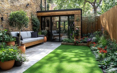 Modern garden patio with lawn, plants, and extension