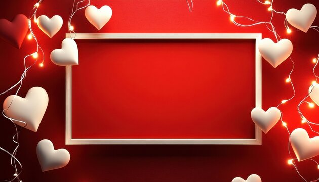 Valentines Day Red Background with White Hearts Wooden Frame and String Lights For Festive Celebration