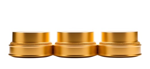 Three golden pedestals aligned horizontally against a stark in a studio shot transparent background png
