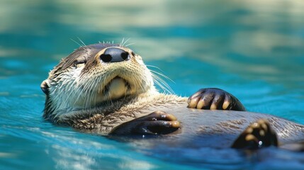 A tranquil photo of an otter relaxing in water, floating calmly with a serene expression.