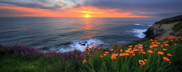 Vibrant Coastal Sunset over Pacific Ocean with Blooming Wildflowers and Cliffside Scenic Seascape View Featuring Orange and Purple Flowers Tranquil Azure Water and Coastal Horizon