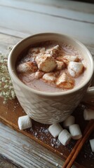 A mug of hot chocolate with marshmallows and cinnamon sticks 