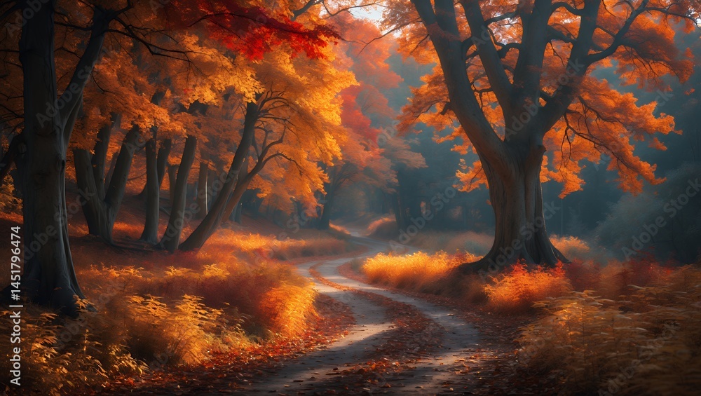 Poster autumn forest with orange trees and winding path