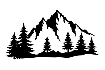 Mountain Landscape Silhouette with Pine Trees, Scenic Nature View, Wilderness Panorama, Outdoor Forest Art, On Transparent Background