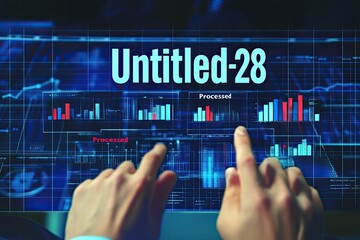 Hands interacting with a digital interface displaying various graphs and charts.  Data visualization and processing are apparent