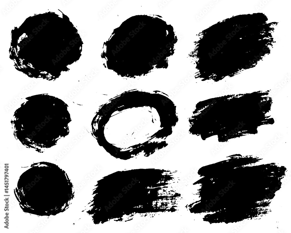 Poster round brush stroke textures and paint text boxes. square and rectangle paintbrush collection. grunge