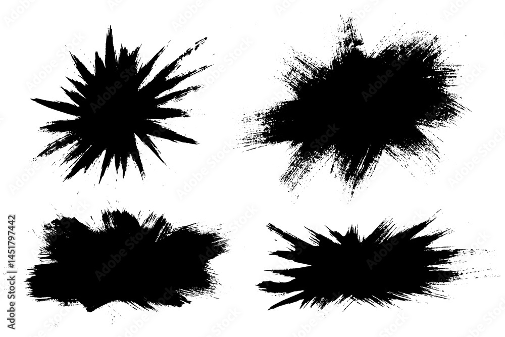 Fototapete Burst brush strokes. Exploding paint texture backgrounds. Grunge text boxes with rays. Painted round and rectangle banners for authentic design vibe. Bursting brush stamps