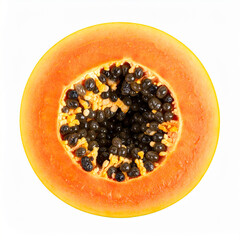 Half of fresh papaya. Organic and tasty exotic fruit. Isolated on white backdrop. Top view.