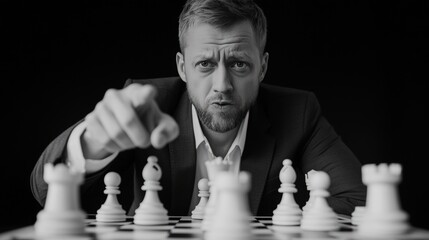 Focused man pointing at chessboard