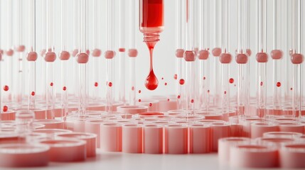 Red liquid drop drips into test tubes
