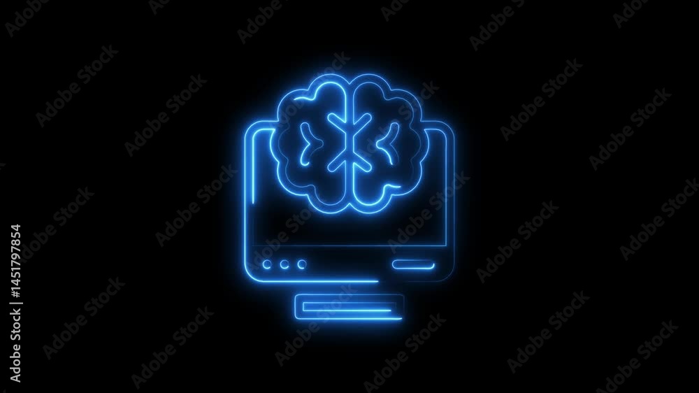 Aufkleber animated glowing neon brain inside a computer screen on a black background