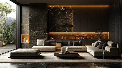 Modern lounge with dark tones and marble accents, open to a garden