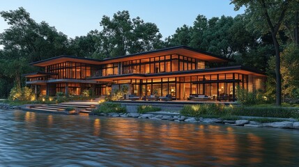 Obraz premium Modern luxury home by a serene river at twilight. Tranquil, sophisticated, and spacious residence with expansive windows overlooking water