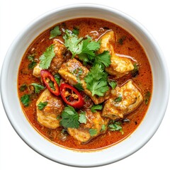 Delicious and spicy chicken curry in a white bowl, top view close up