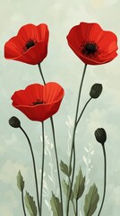 Obraz premium Vibrant red poppies against a soft pastel backdrop. Delicate floral illustration showcasing three poppies in full bloom, with stems, buds, and leaves