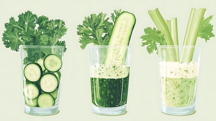 Green juice ingredients with glasses.