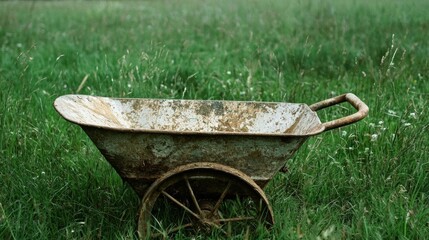 Old, rusted wheelbarrow in the middle of a grassy field. the wheelbarrows are made of metal and appear to be weathered and rusted, with some areas of the paint chipping away.