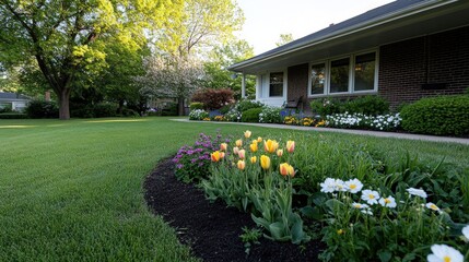 Springtime home landscape with colorful flowers