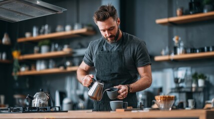 A man carefully brewing coffee in the kitchen