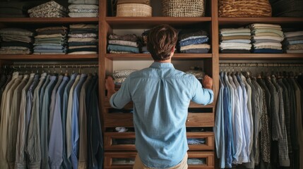 Man organizing the clothing in the closet