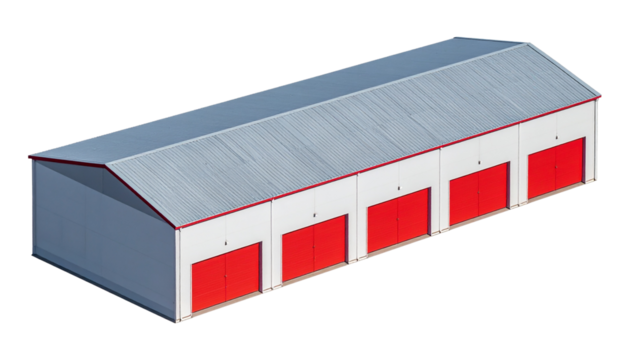Isometric industrial warehouse with bold red doors, clean architectural lines, and a transparent background for versatile use