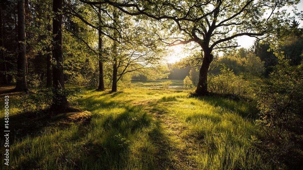 Poster serene forest clearing with spring grass and gentle tree shadows