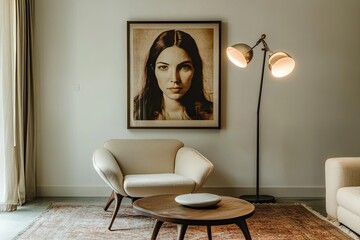 Cream armchair, round coffee table, and framed portrait grace a modern living room.  Neutral tones create a calm and sophisticated atmosphere