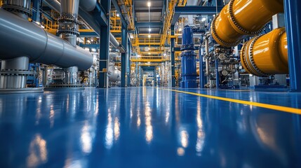 Industrial facility interior with pipes and machinery