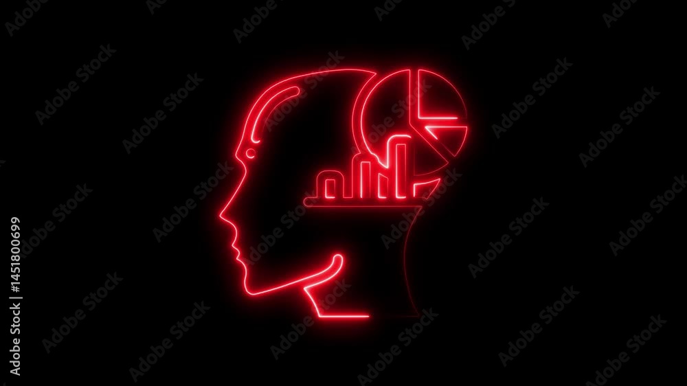 Poster glowing red neon human head silhouette with data visualization in animated form